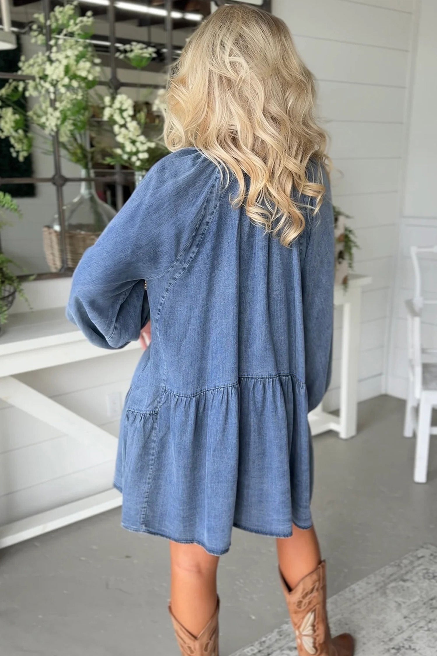 Cali Chic Women Dress Myosotis Puff Sleeve V Neck Ruffled Loose Denim Mini Dress - Cali Chic