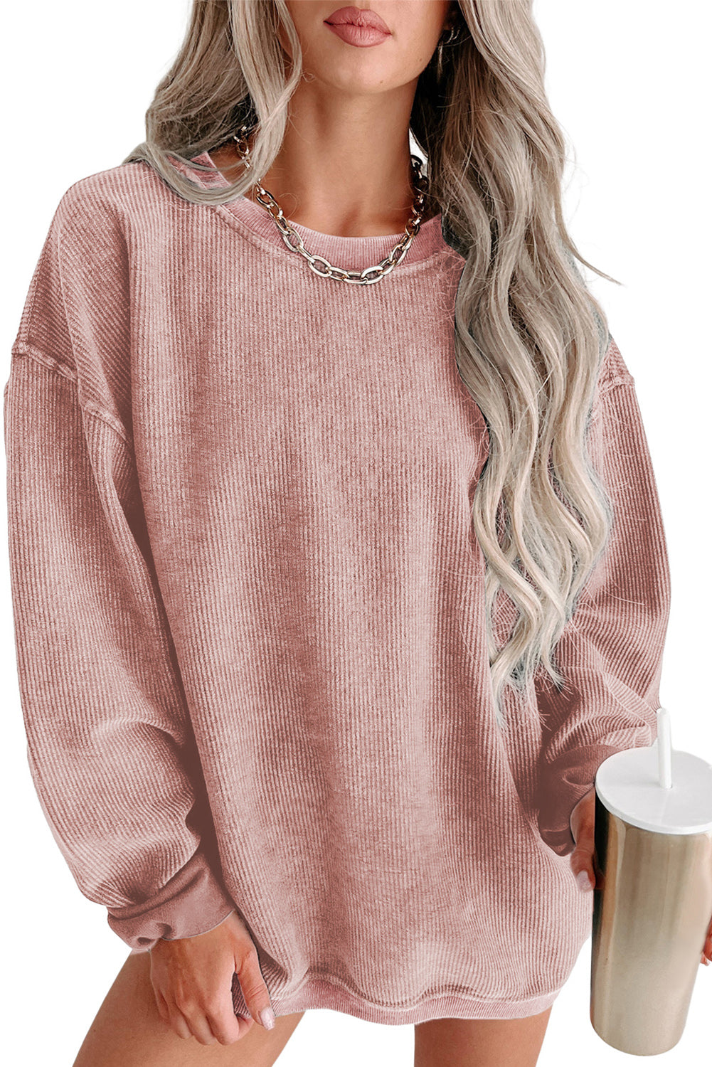 Cali Chic Women Sweatshirt Pink Solid Ribbed Knit Round Neck Pullover