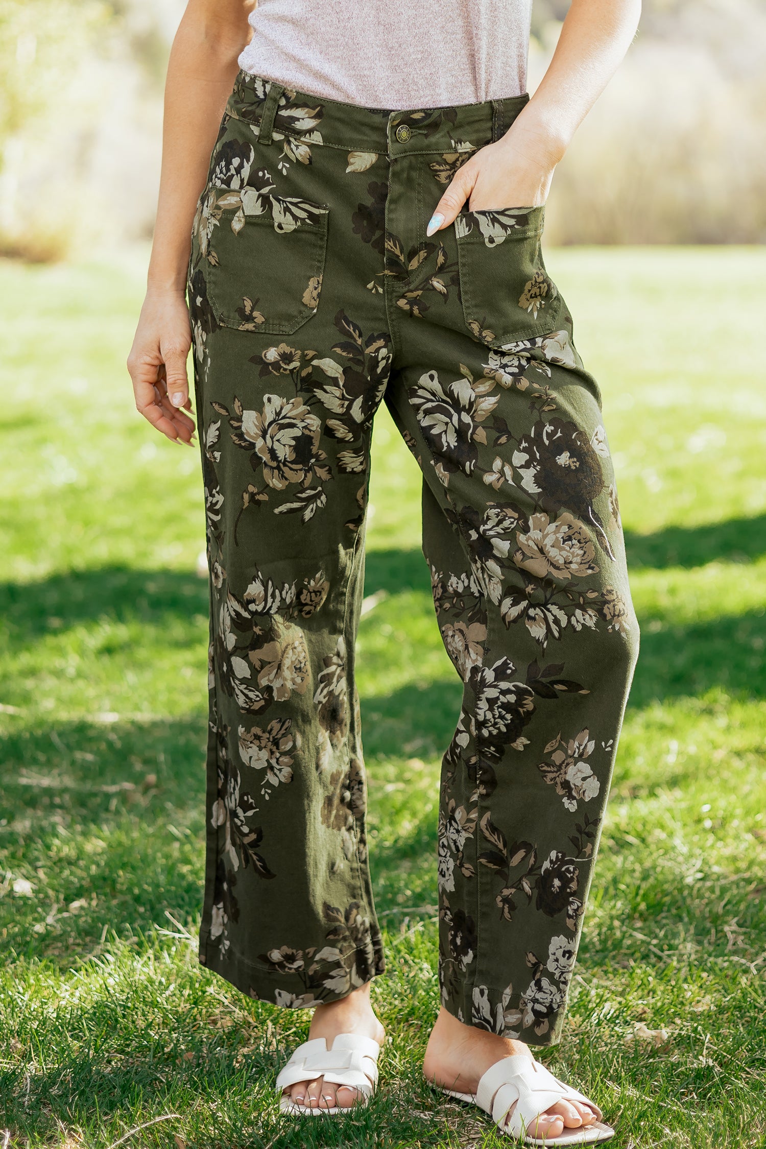 Cali Chic women's green vintage floral print jeans with square patch pockets and raw hem, casual shift style bottoms.