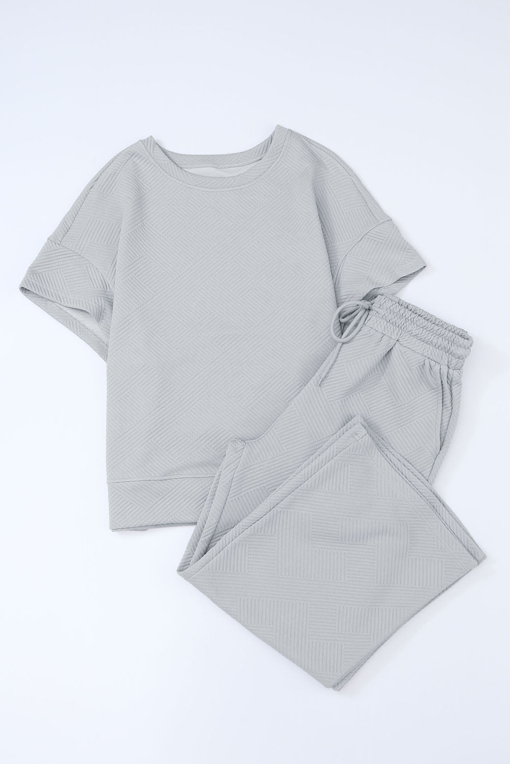Cali Chic Gray Textured Loose Fit T Shirt and Drawstring Pants Set