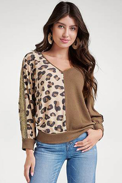 Cali Chic Brown Leopard Splicing Waffle Knit V Neck Top