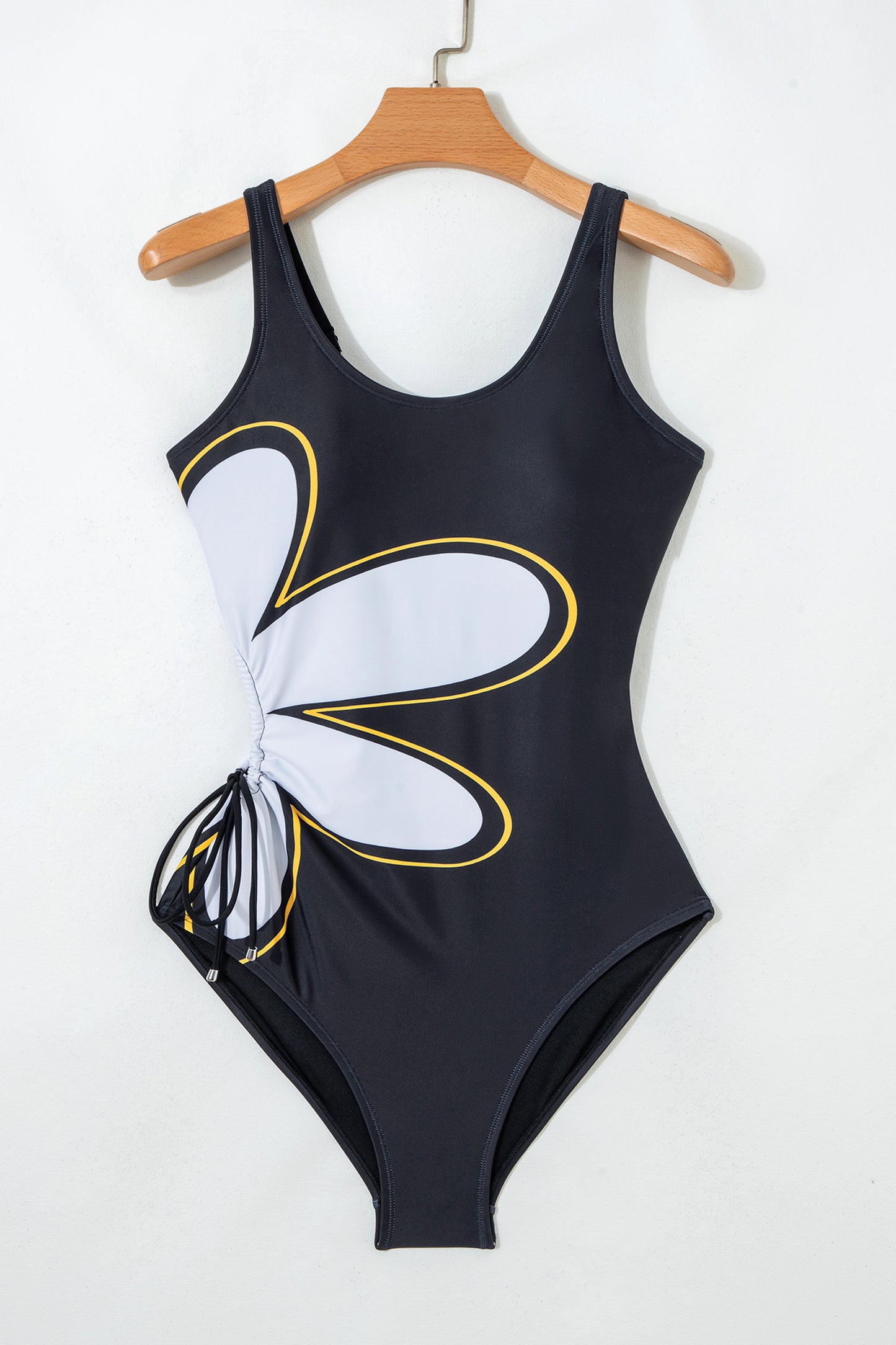 Cali Chic Women Swimsuit Black Drawstring Big Hole Floral Print Sleeveless One Piece Swimsuit - Cali Chic