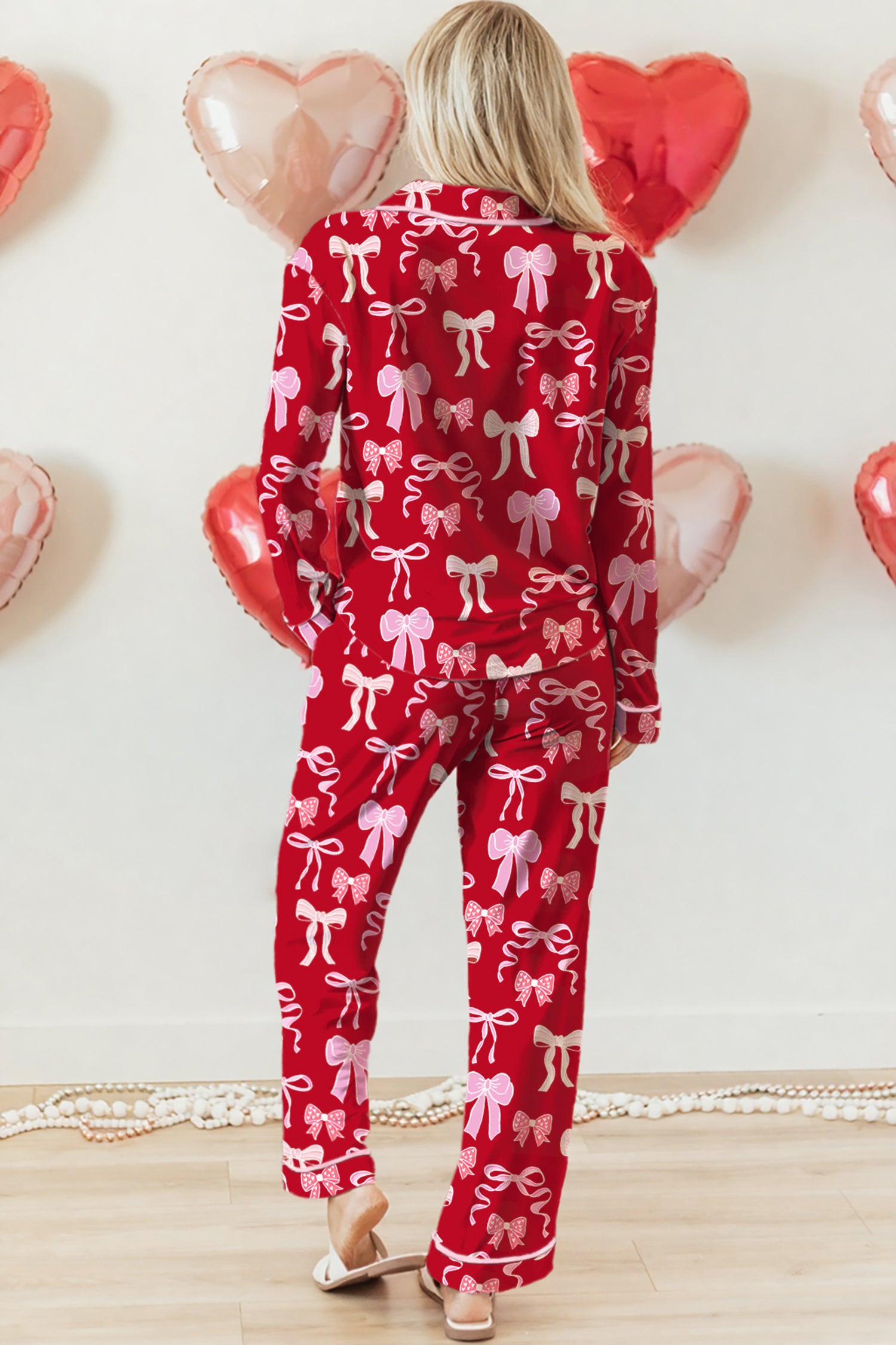 Red Sweet Bow Print Shirt Style Top Long 2pcs Pajama Set - Cali Chic