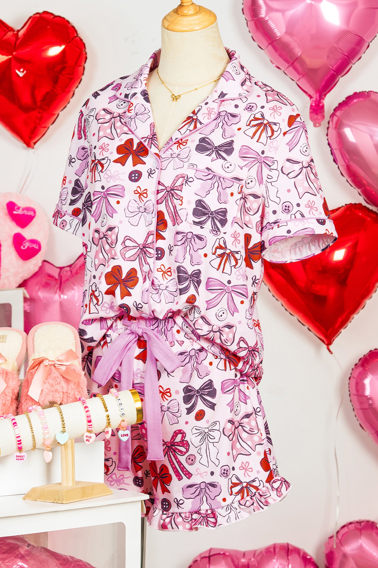 Pink Cute Ribbon Bows Printed 2pcs Short Pajama Set - Cali Chic