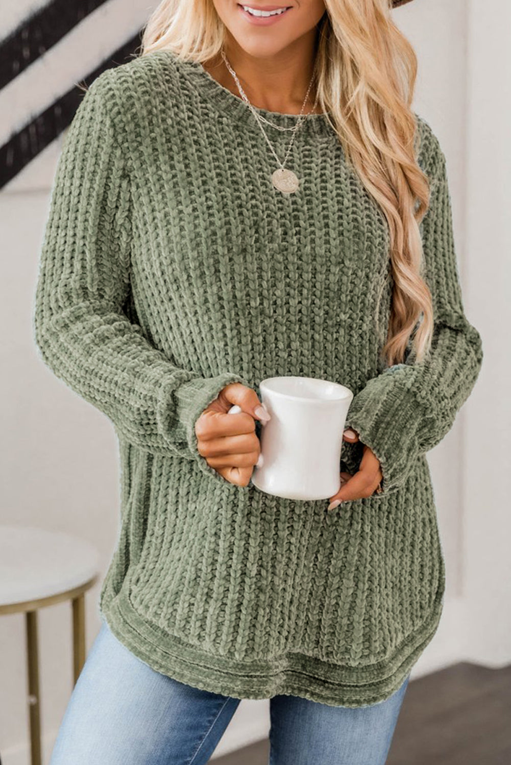 Cali Chic Green Long Sleeve Round Hem Cable Knit Sweater