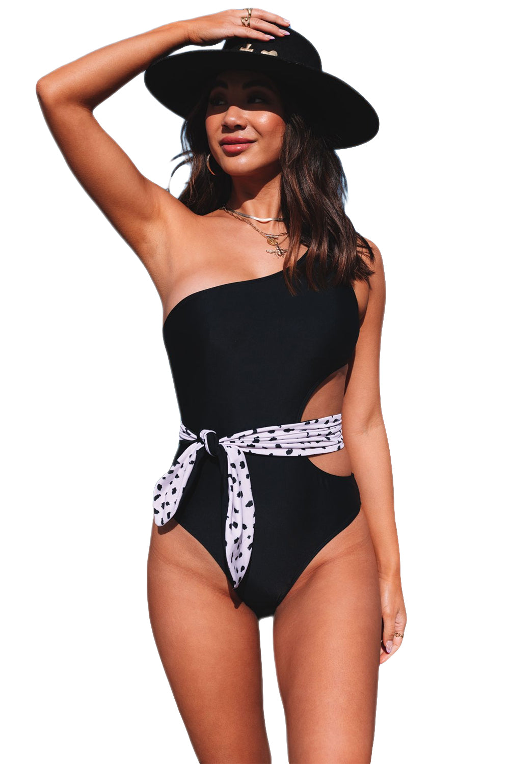 Black Asymmetric Cutout Belted One-piece Swimwear