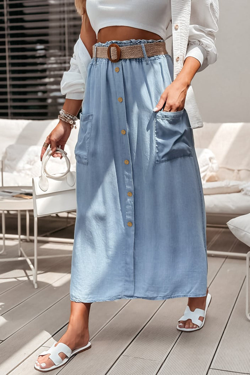 Cali Chic Women Dress Beau Blue Buttoned Front High Waist Side Pockets Denim Maxi Skirt - Cali Chic