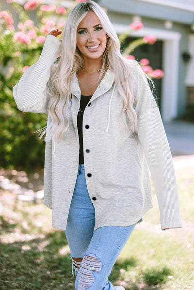 Cali Chic Women Grey Button Up Knitted Sleeves Hooded Jacket