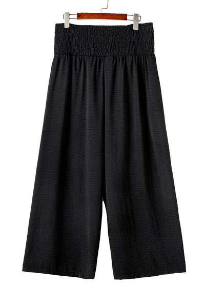 Black Shirred High Waist Plus Size Wide Leg Pants