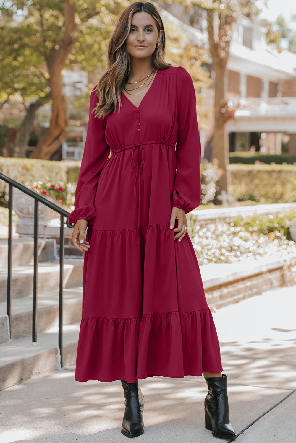 Cali Chic Women Dress Burgundy Solid Long Sleeve Button V Neck Tiered Maxi Dress - Cali Chic