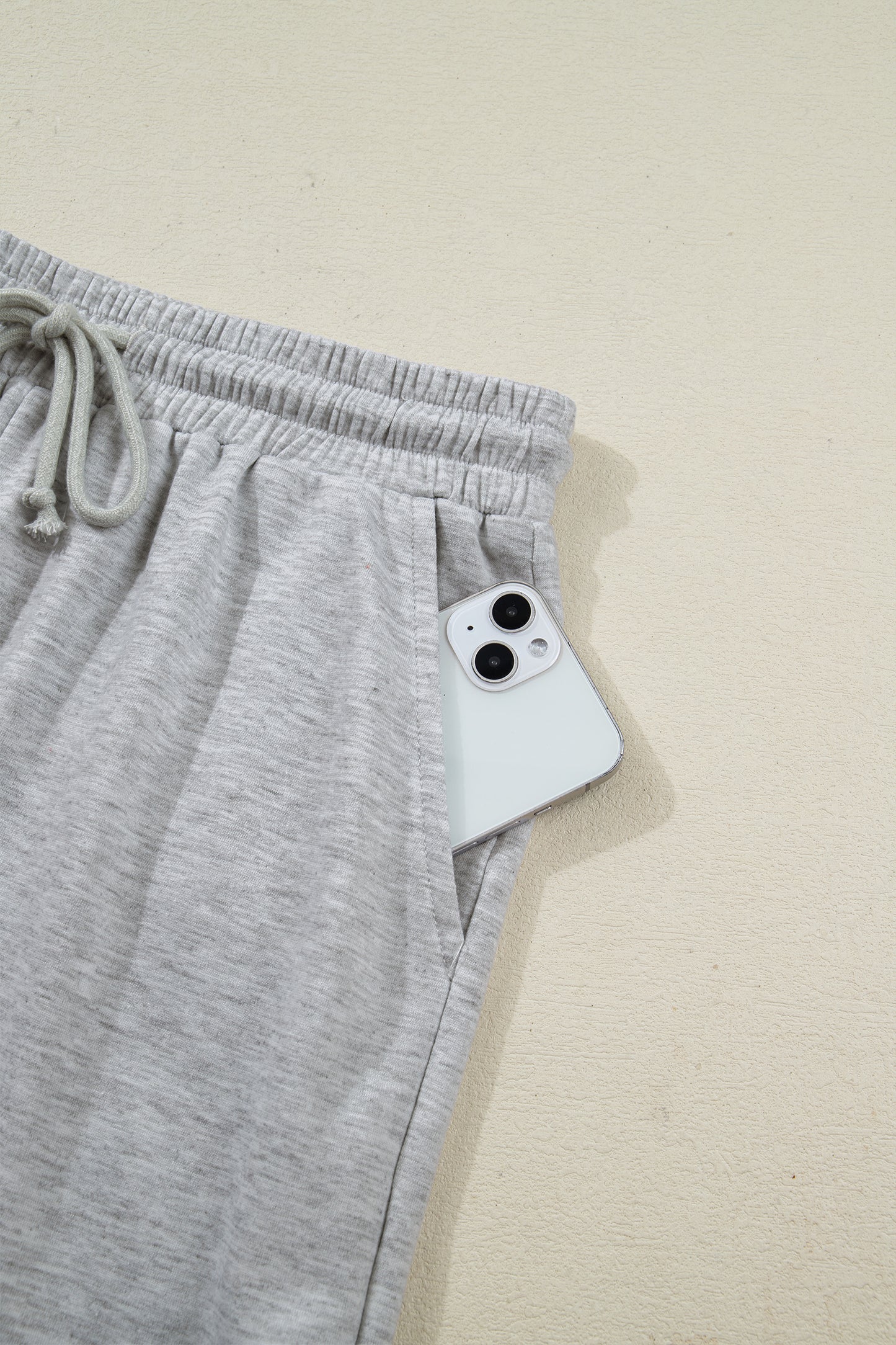 Cali Chic Women Short Light Grey Collared V Neck Tee Drawstring Elastic Waist Shorts 2pcs Outfit - Cali Chic