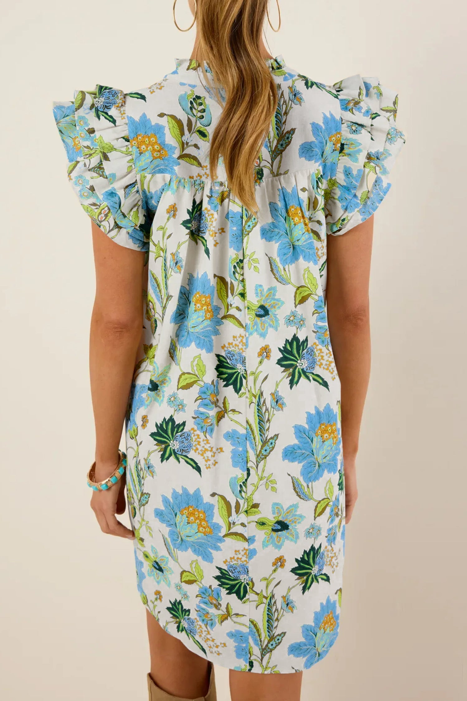 Cali Chic Women Dress Beige Floral Print V Neck Triple Ruffle Short Sleeve Shift Mini Dress - Cali Chic