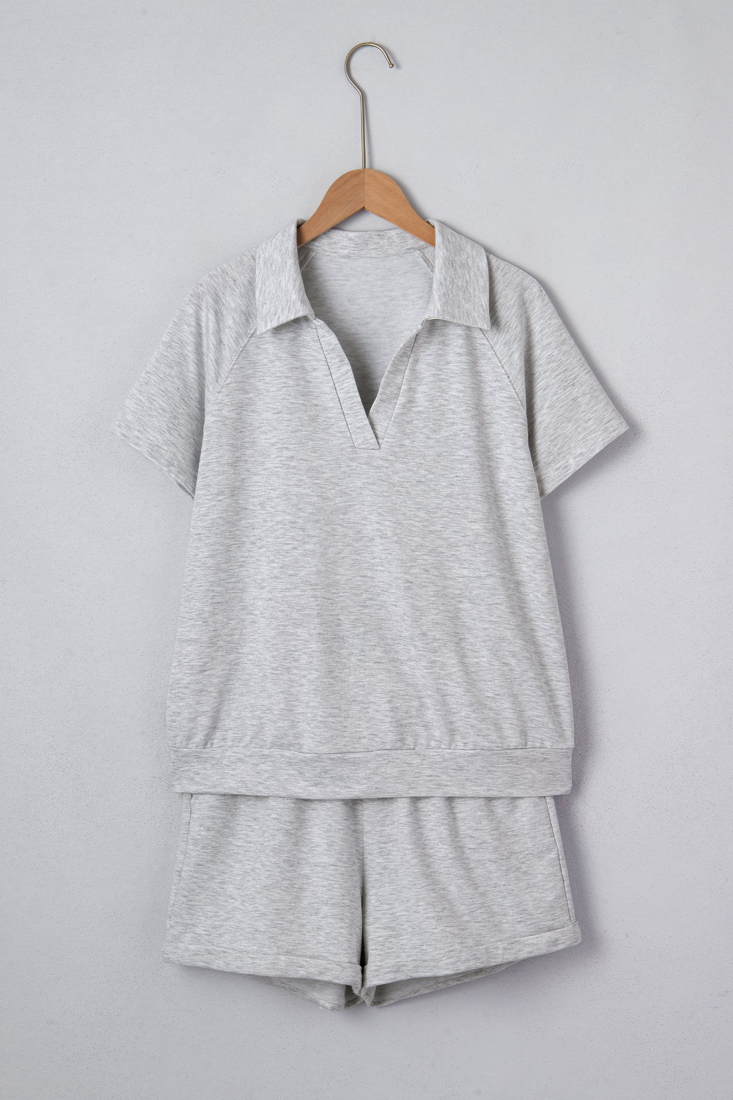 Cali Chic Women Short Light Grey Collared V Neck Tee Drawstring Elastic Waist Shorts 2pcs Outfit - Cali Chic