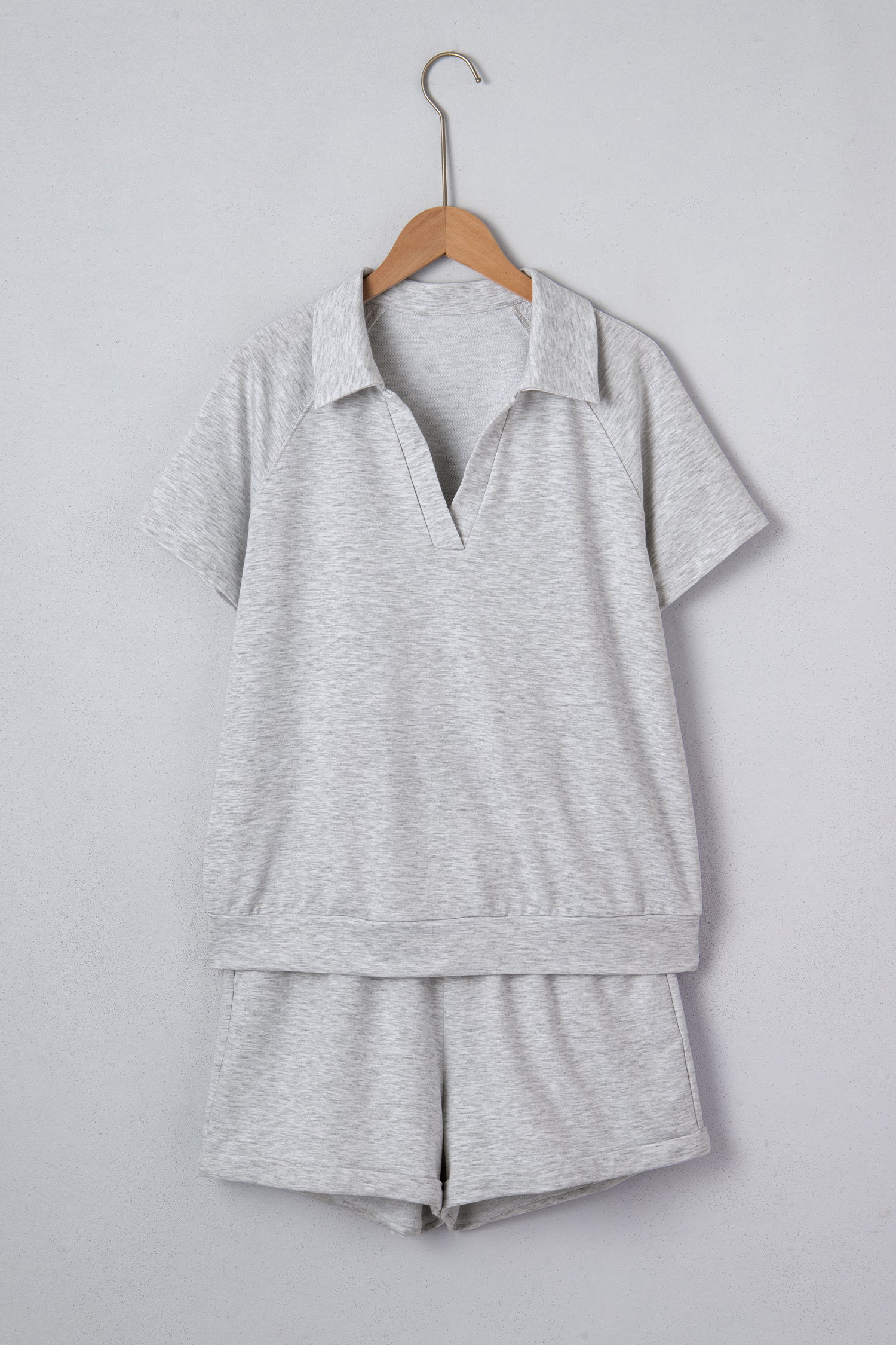 Cali Chic Women Short Light Grey Collared V Neck Tee Drawstring Elastic Waist Shorts 2pcs Outfit - Cali Chic