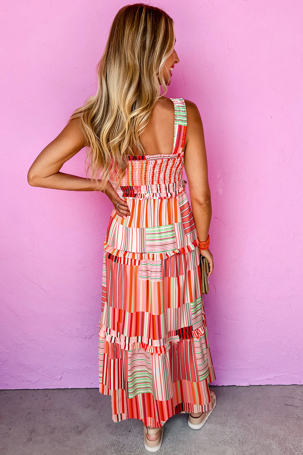 Cali Chic Women Dress Carrot Mix Striped Wide Straps Smocked Tiered Maxi Dress - Cali Chic