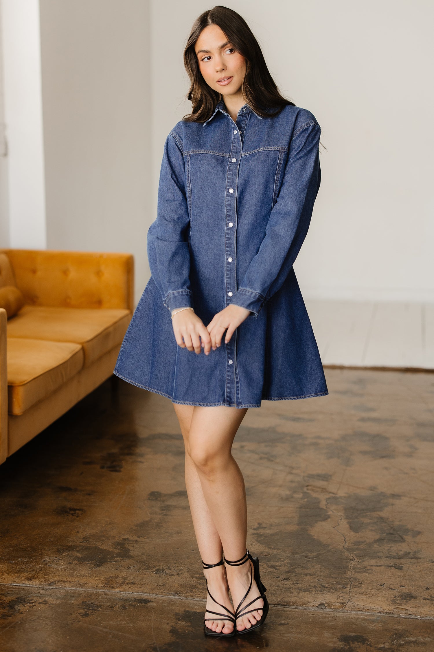 Cali Chic Women Dress Ashleigh Blue Denim Shirt Collar Long Sleeve Flared Mini Dress - Cali Chic
