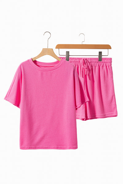 Rose Red Casual Textured Tee and Drawstring Shorts Set