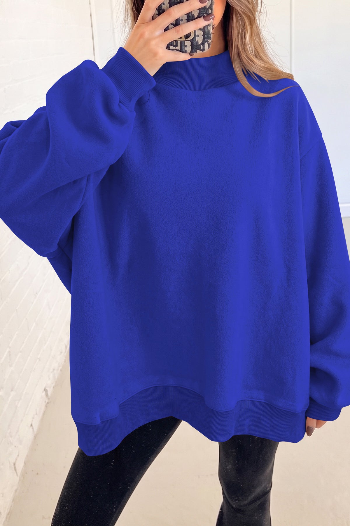 Cali Chic Women's Sweatshirt Oversized Drop Shoulder Reversible Mock Neck Sweatshirt
