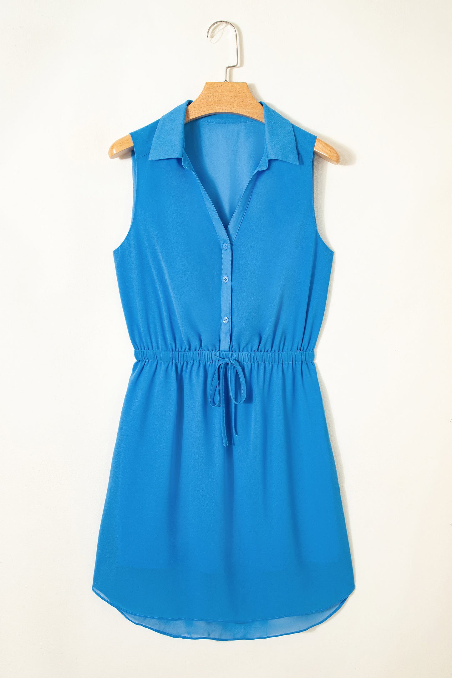 Cali Chic Women Dress Blue Half Buttons Collared Elastic Waist Sleeveless Shirt Dress - Cali Chic