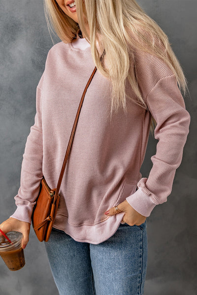 Cali Chic Pink Crew Neck Ribbed Trim Waffle Knit Top