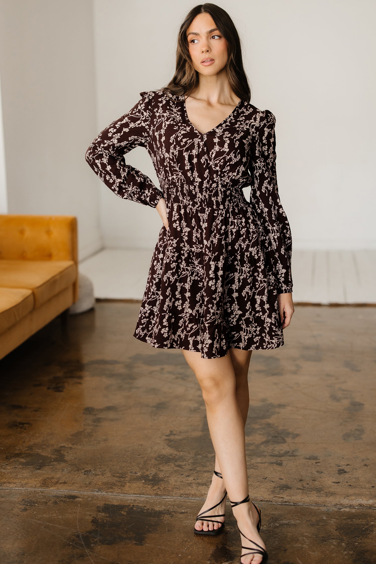 Cali Chic Women Dress Brown Ditsy Floral Print Split Neck Long Sleeve Shirred Waist Flared Mini Dress - Cali Chic