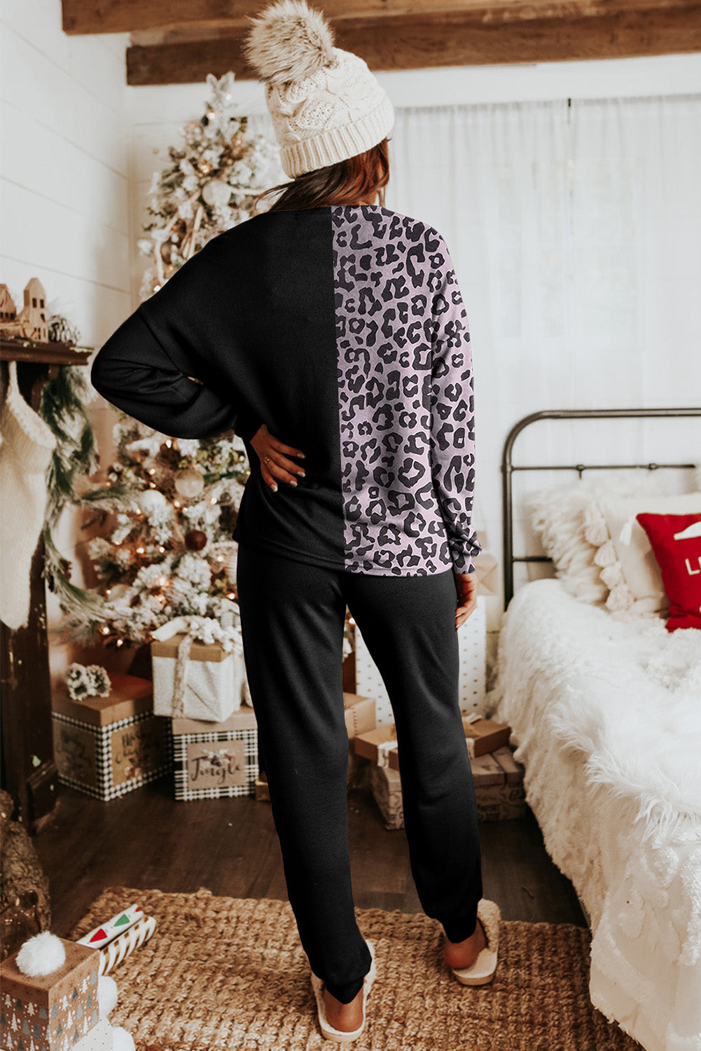Cali Chic Black Contrast Leopard Long Sleeve Pullover and Joggers Outfit