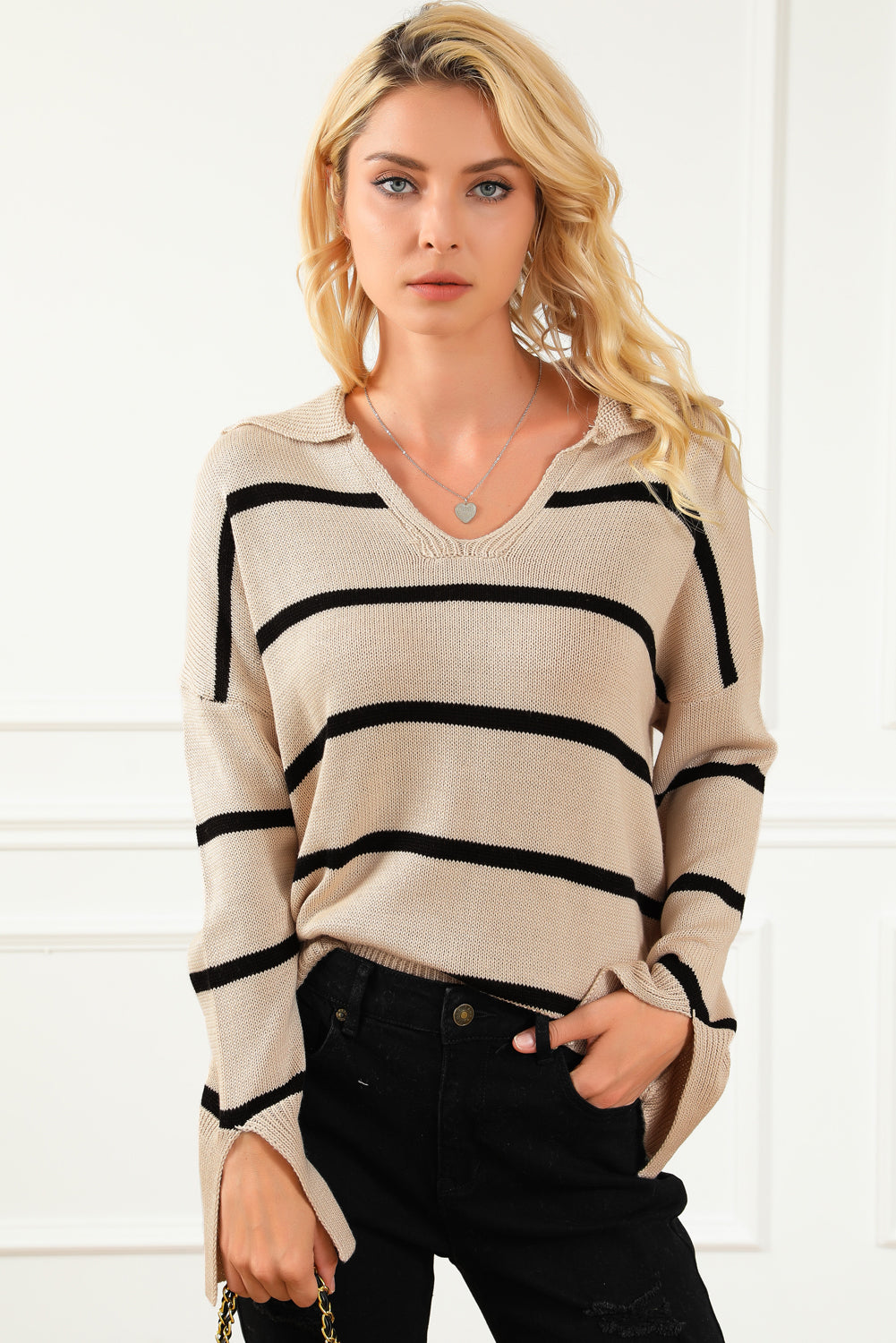 Khaki Striped Knit Collared Pullover Sweater
