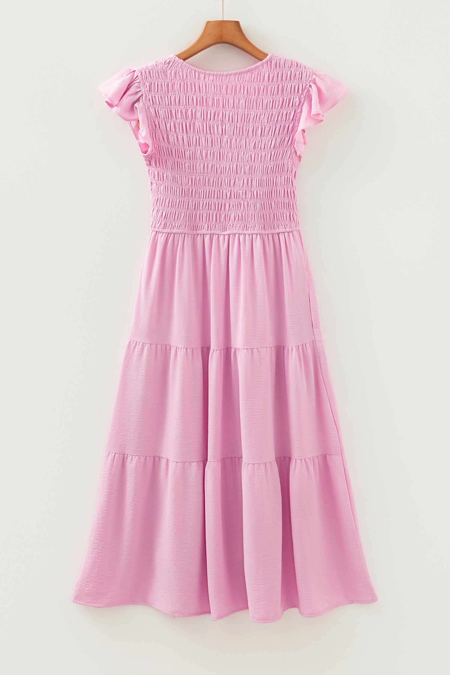 Cali Chic Women Dress Pink Smocked Bodice Flutter Sleeve Fit Flare Tiered Midi Dress - Cali Chic
