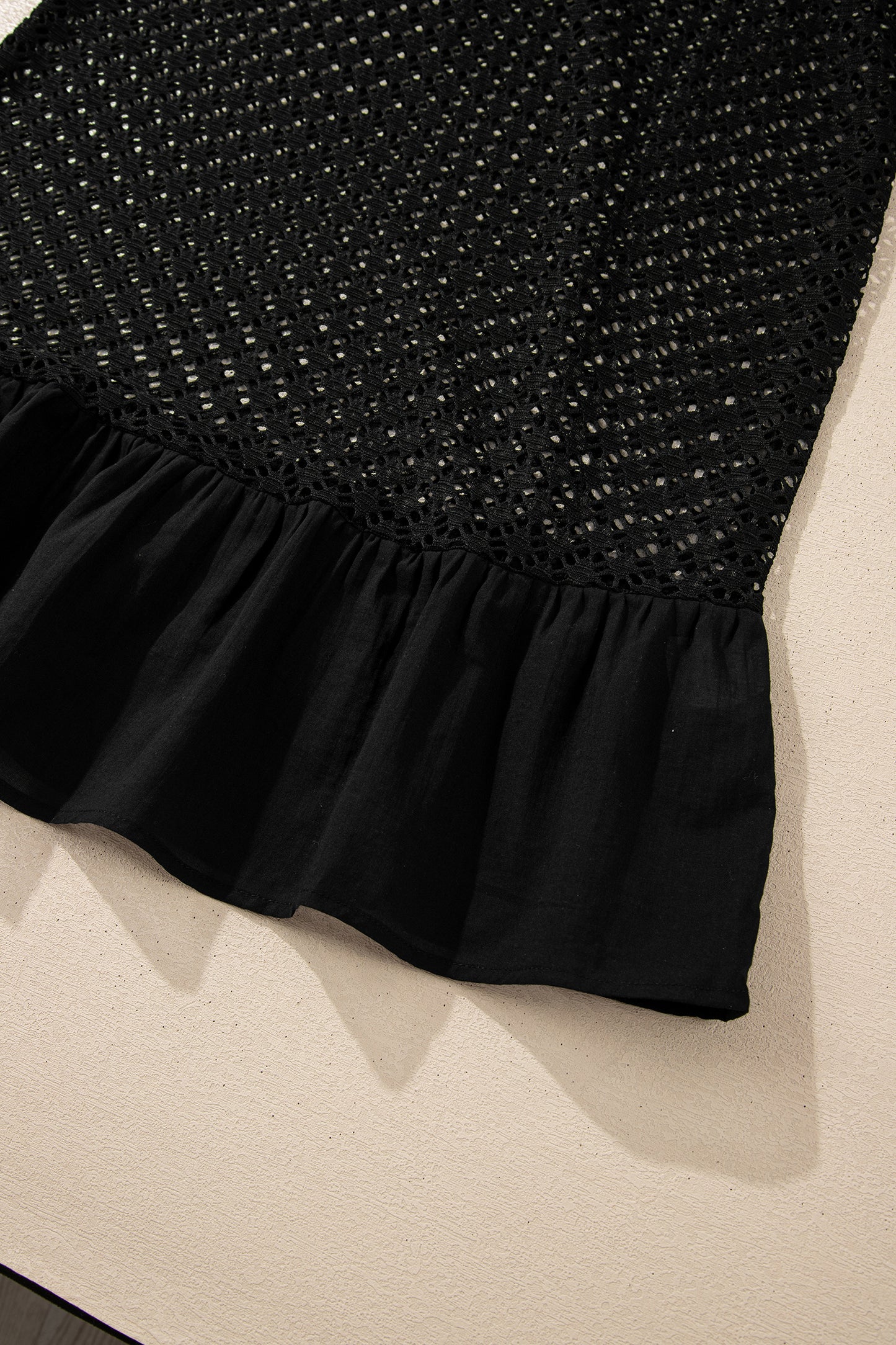 Cali Chic Women Swimsuit Black See Through Patterned Knit Ruffle Hem Patchwork Beach Cover Up - Cali Chic