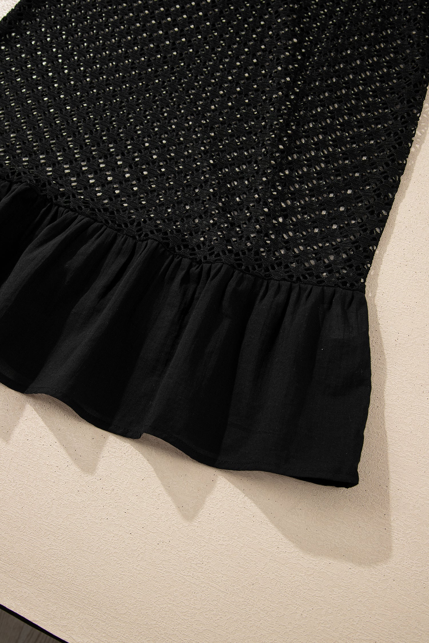 Cali Chic Women Swimsuit Black See Through Patterned Knit Ruffle Hem Patchwork Beach Cover Up - Cali Chic