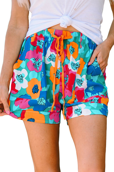 Multicolor Floral Print Drawstring Elastic Waist Casual Shorts