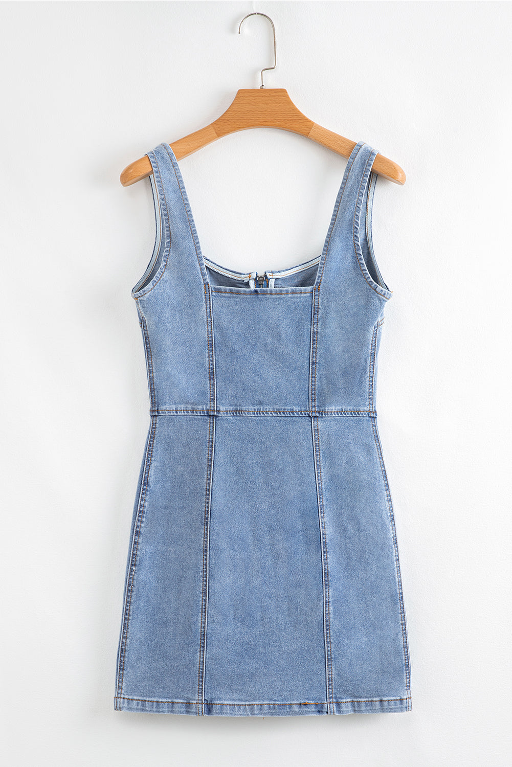 Cali Chic Women Dress Beau Blue Seamed Zipper Square Neck Sleeveless Denim Mini Dress - Cali Chic