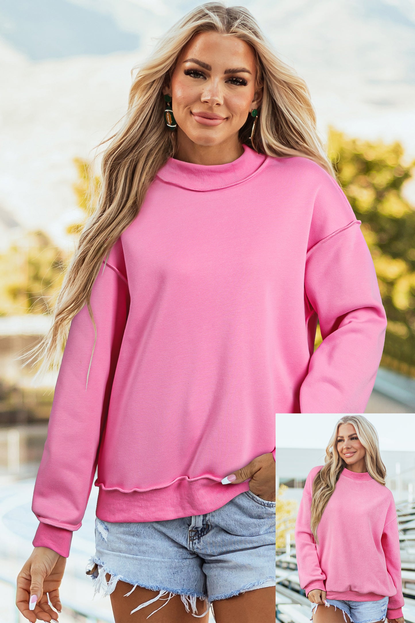 Cali Chic Women Sweatshirt Bright Pink Oversize Drop Shoulder Reversible Mock Neck Sweatshirt - Cali Chic