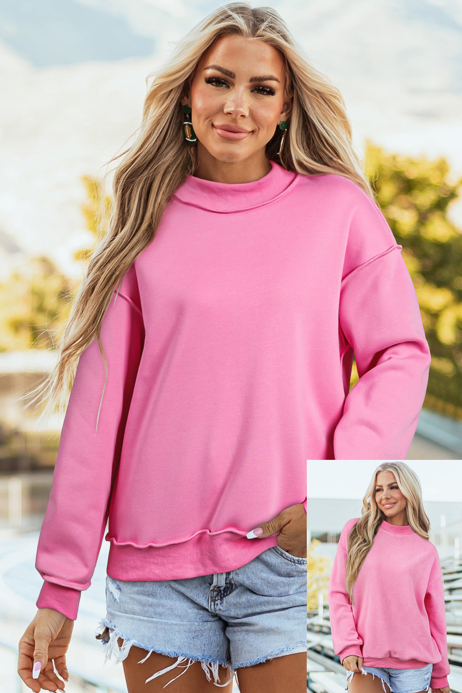 Cali Chic Women Sweatshirt Bright Pink Oversize Drop Shoulder Reversible Mock Neck Sweatshirt - Cali Chic