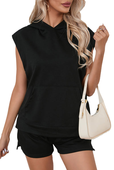 Black Solid Color Sleeveless Hoodie and Shorts Set
