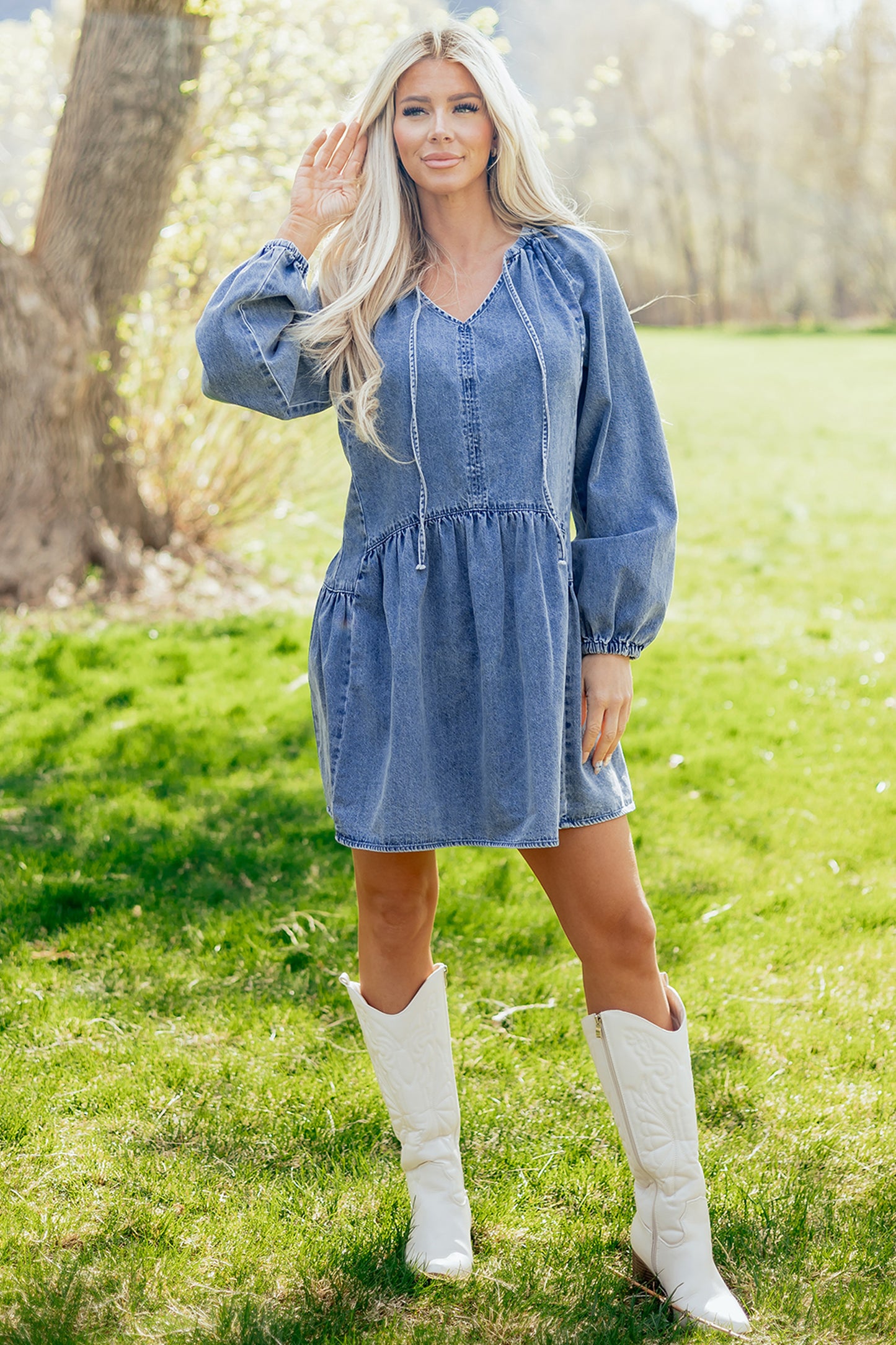Dear-Lover Cali Chic denim mini dress with puff sleeves, v-neck, ruffles, and a loose fit for women.
