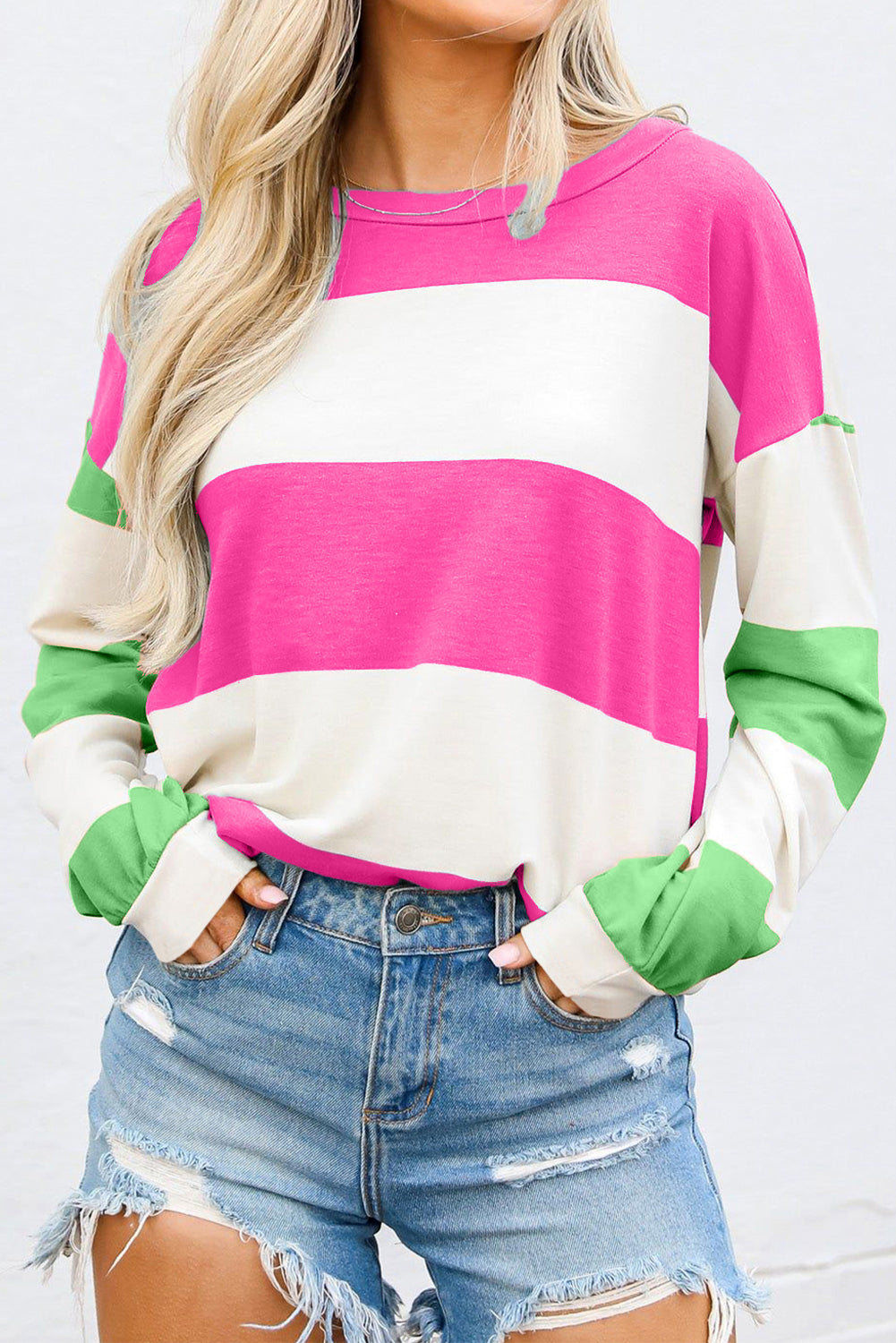 Cali Chic Women Top Rose Red Colorblock Striped Drop Shoulder Long Sleeve Top - Cali Chic