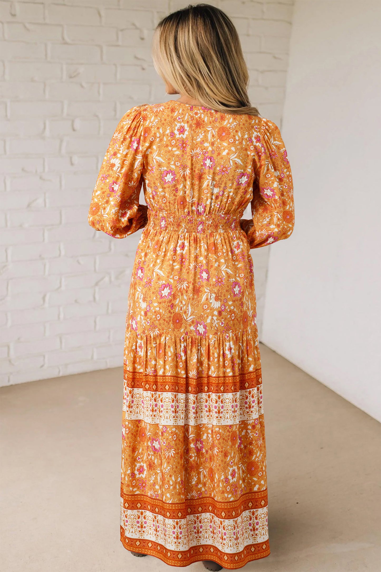 Cali Chic Women Dress Orange Floral Print Smocked Waist Long Sleeve Boho Maxi Dress - Cali Chic
