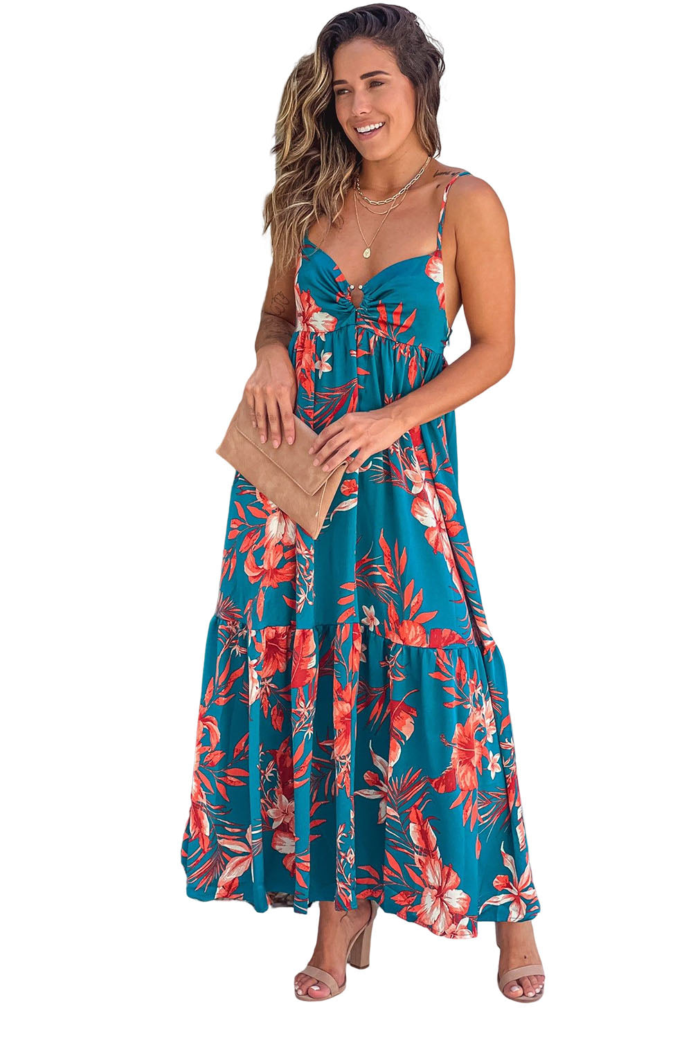 Cali Chic Sky Blue Strappy Open Back Floral Maxi Dress