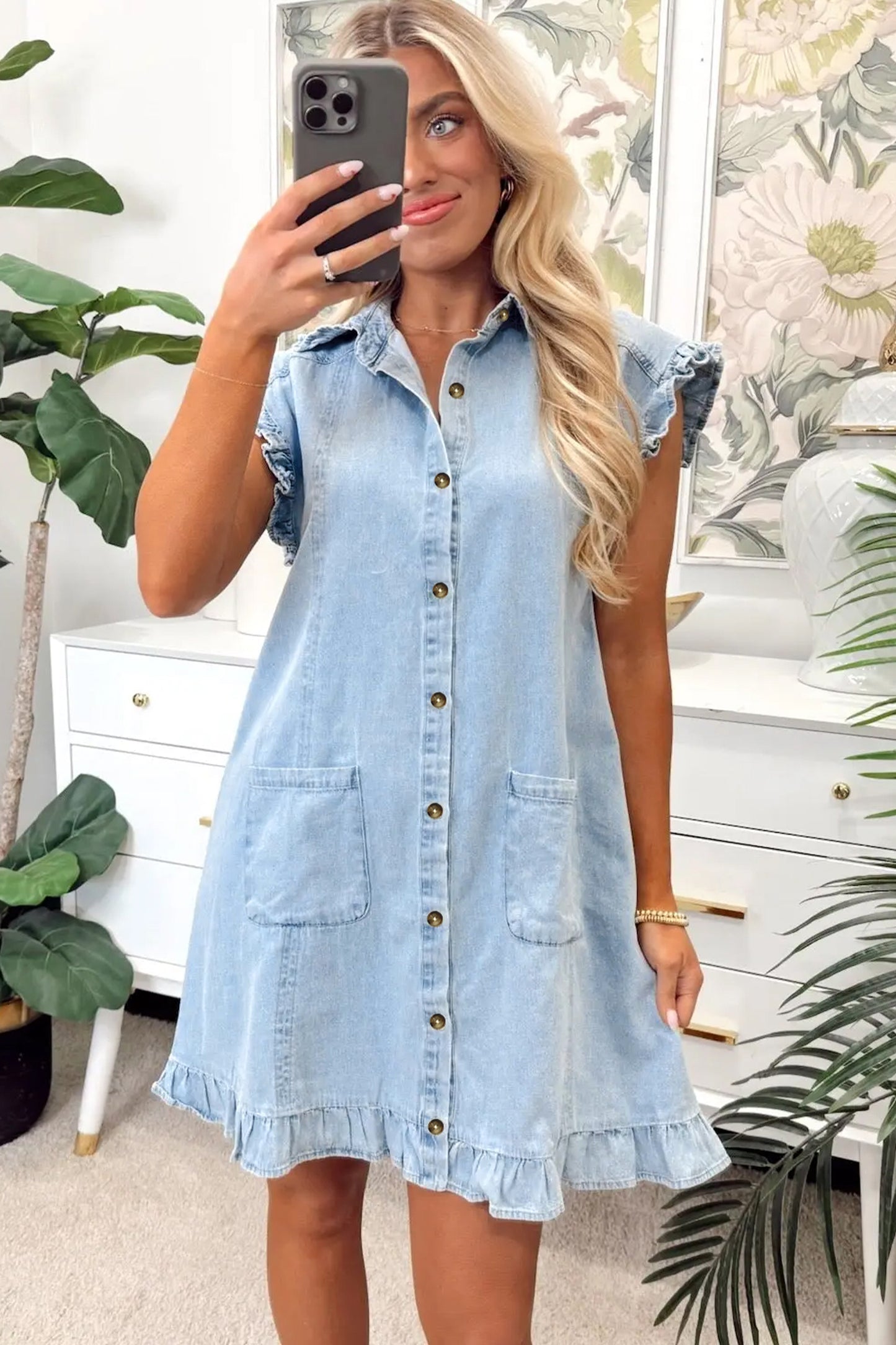 Cali Chic Women Dress Beau Blue Ruffled Edge Collared Shift Denim Dress with Pockets - Cali Chic
