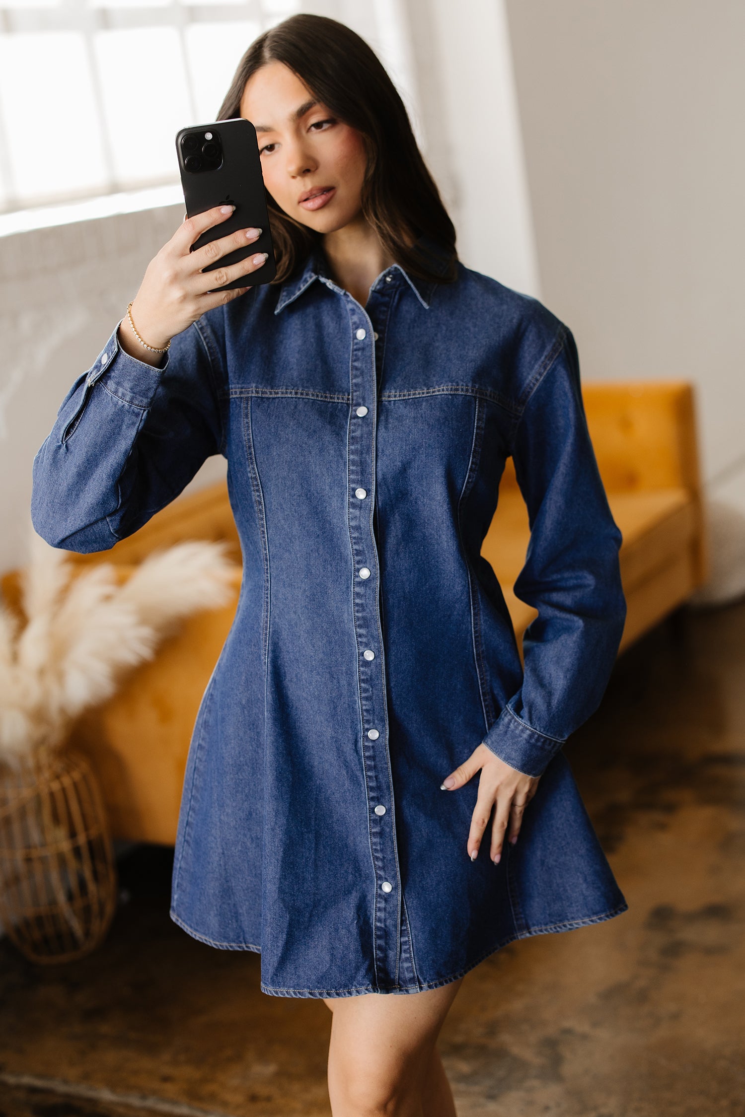 Cali Chic Women Dress Ashleigh Blue Denim Shirt Collar Long Sleeve Flared Mini Dress - Cali Chic