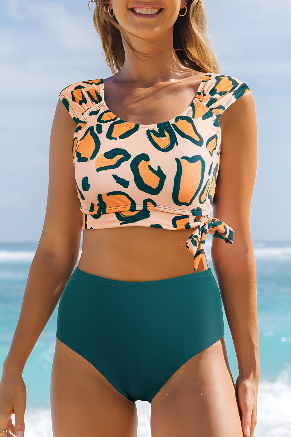 Cali Chic Women Swimsuit Green Leopard Print U Neck Knotted High Waist Bikini Set - Cali Chic