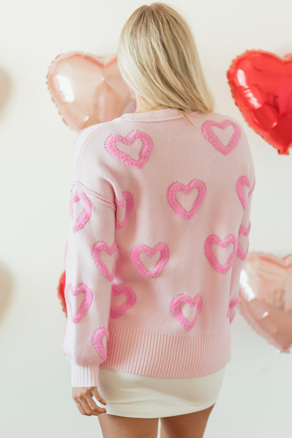 Pink Heart Shape Bubble Sleeve Baggy Sweater - Cali Chic