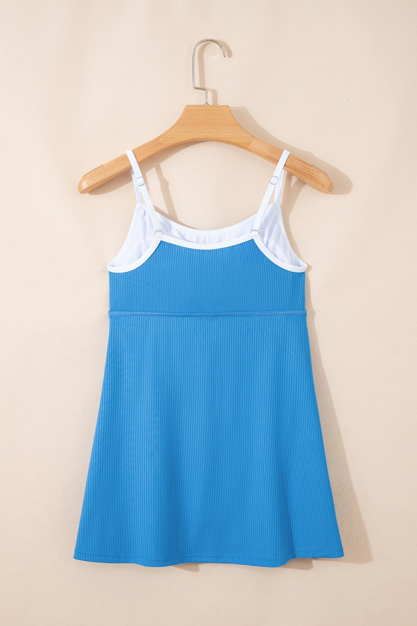 Dusk blue Cali Chic women’s ribbed swim dress with color block edges, lined pocket details, and a stylish swimwear design by Dear-Lover