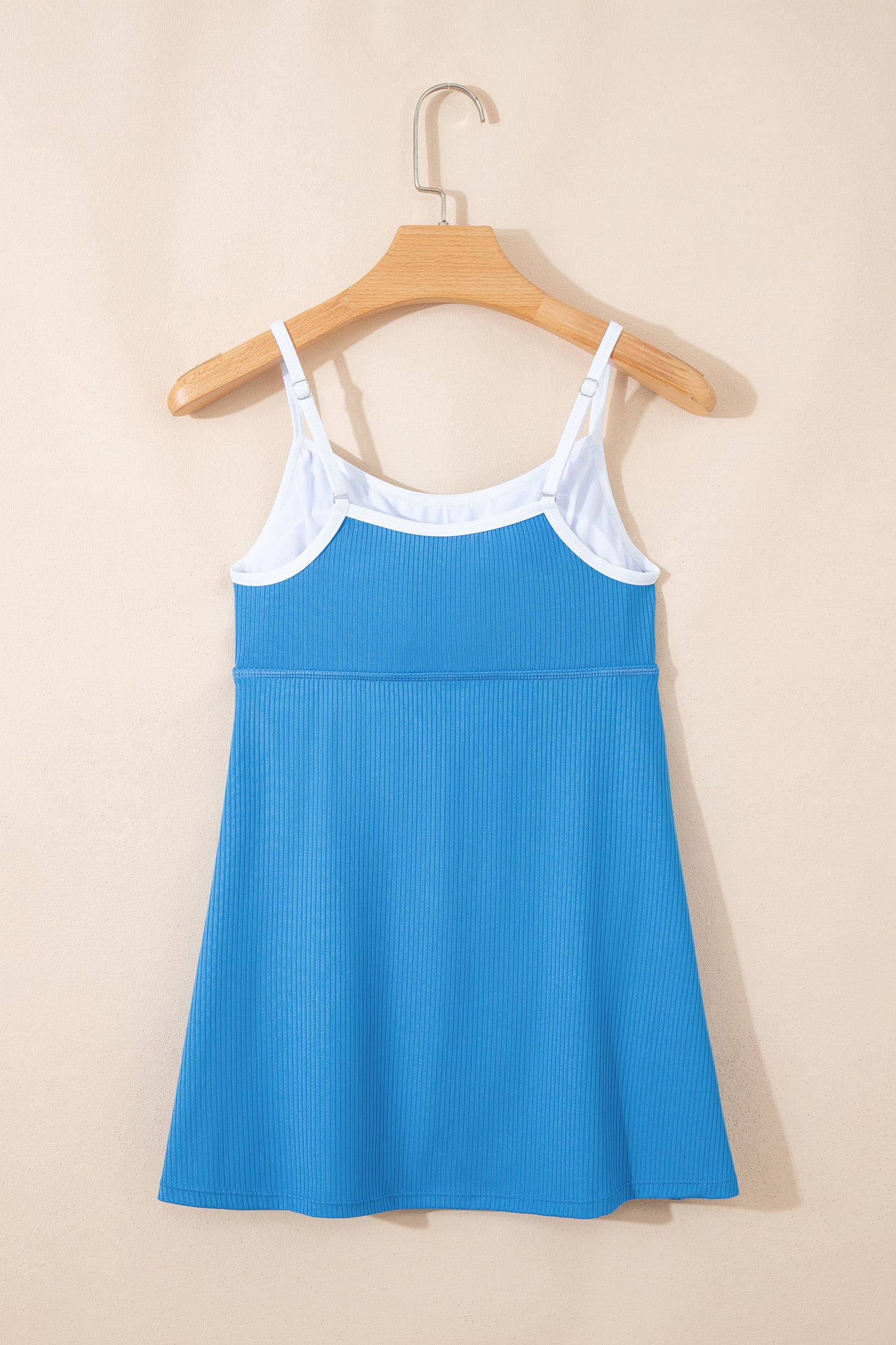 Dusk blue Cali Chic women’s ribbed swim dress with color block edges, lined pocket details, and a stylish swimwear design by Dear-Lover