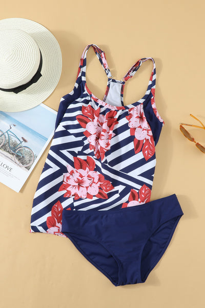 Blue Floral Printed Lined Tankini Swimsuit