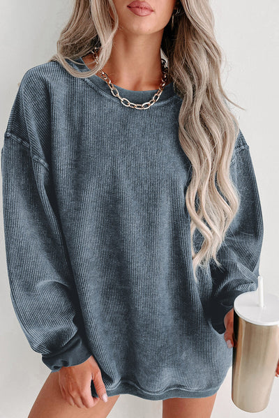 Cali Chic Women Sweatshirt Blue Solid Ribbed Knit Round Neck Pullover