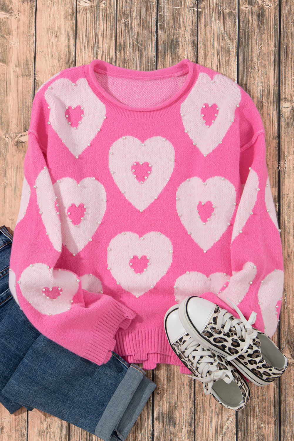 Bonbon Pearl Beaded Heart Drop Shoulder Sweater - Cali Chic