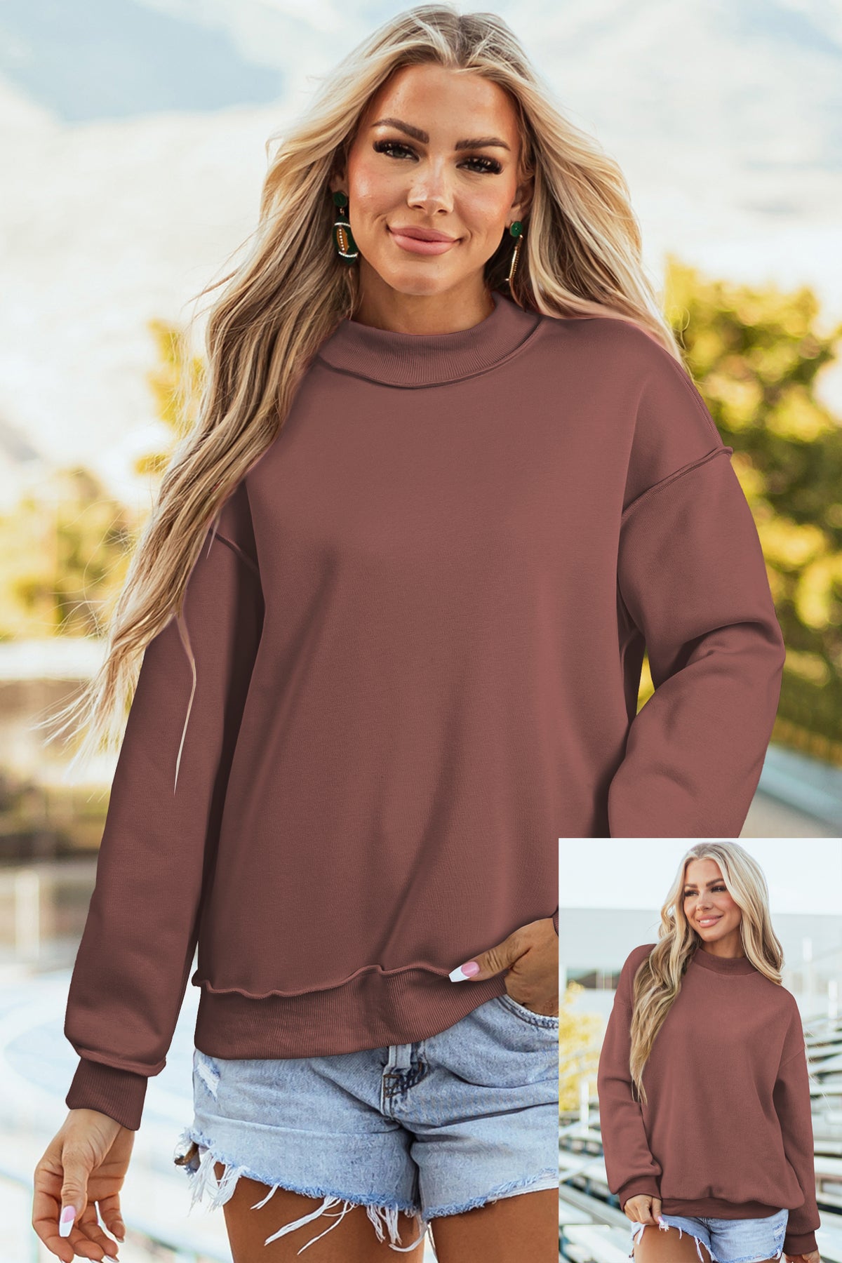 Cali Chic Women's Sweatshirt Oversized Drop Shoulder Reversible Mock Neck Sweatshirt
