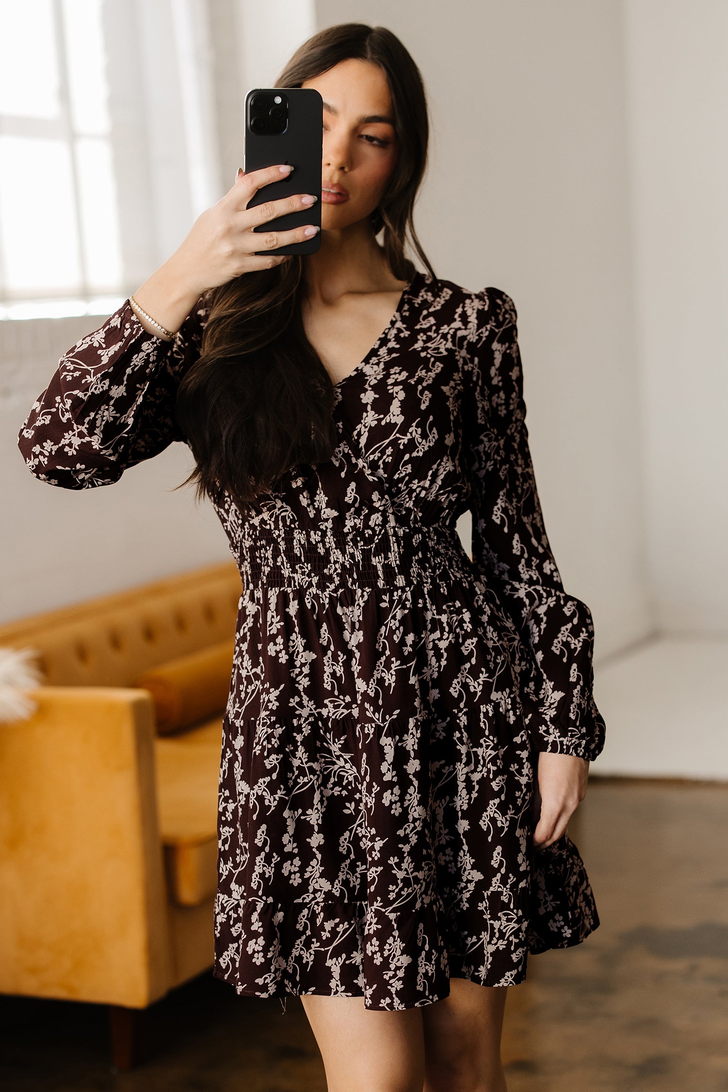 Cali Chic Women Dress Brown Ditsy Floral Print Split Neck Long Sleeve Shirred Waist Flared Mini Dress - Cali Chic